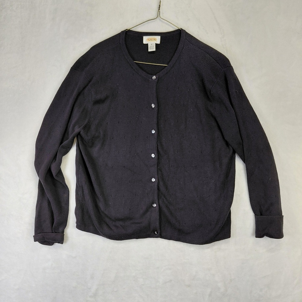 Talbots Vintage Black Pointelle Knit Button Front Cardigan Sweater Womens Medium